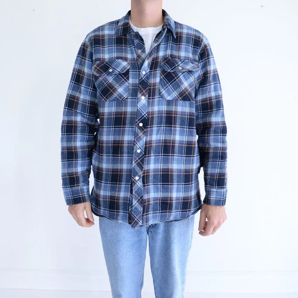 VTG  Aggressor Blue Navy Checker Pattern Snap Bottom Quilted Lined Shacket Large